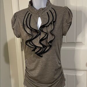 HeartSoul Taupe Short Sleeve Ruffle Front Top with Black Trim